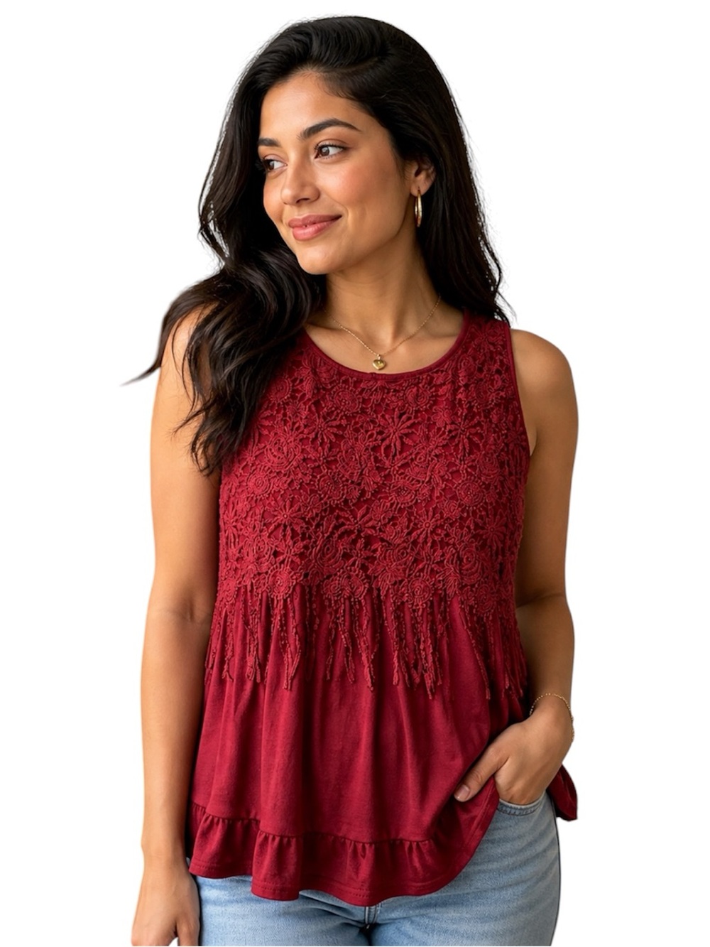 NEW Bloomchic Red Top Lace Bodice Fringe Ruffle Hem Size 14-16 Holiday Bohemian